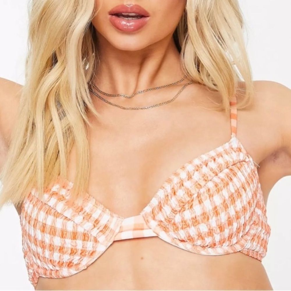 NWOT Misguided Crinkle Orange Checered Bikini Set Size 4
